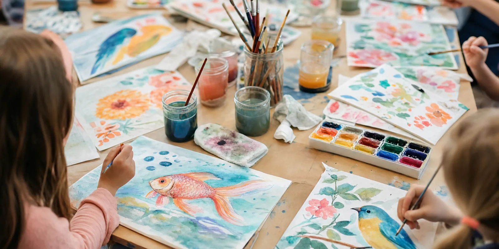 أطفال يرسمون بالألوان المائية في ورشة رسم للأطفال